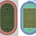 Two Football Fields Design With Red And Blue Running Tracks And Surrounding Stands