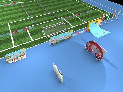 Outdoor Sports And Playground Area With Green Football Field Goalpost Slide And Colorful Fences 3d model