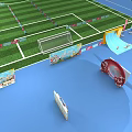 Outdoor Sports And Playground Area With Green Football Field Goalpost Slide And Colorful Fences