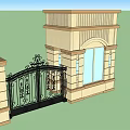 Classical Entrance Gate with Black Iron Design Stone Pillars and Decorative Patterns 3d model