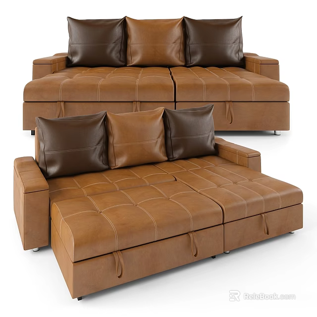 Comfortable Brown Leather Double Sofa With Tufted Cushions And Storage Compartments 3d model