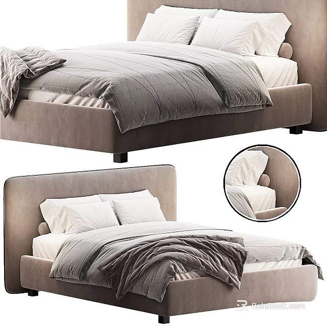Modern Double Bed With Upholstered Headboard Gray Comforter And White Pillows 3d model 