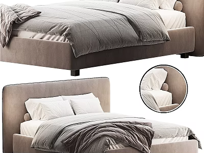 Modern Double Bed With Upholstered Headboard Gray Comforter And White Pillows 3d model