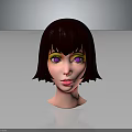 Stylized 3D Female Character Head With Brown Short Hair Purple Eyes And Yellow Eyeshadow
