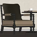 Contemporary Accent Chair Featuring Black Beaded Frame Beige Seat Dark Gray Cushion and Side Table