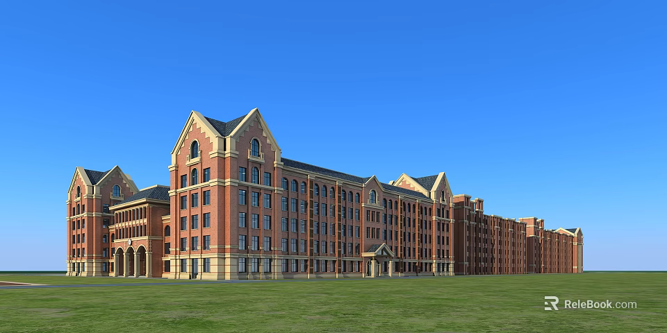 Classic Red Brick Multi Story School Building With Gabled Roofs Front Lawn Against Blue Sky 3d model 