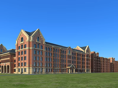 Classic Red Brick Multi Story School Building With Gabled Roofs Front Lawn Against Blue Sky 3d model