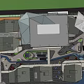 Modern Commercial Landscape With Geometric Buildings Central Plaza Green Spaces And Pedestrian Walkways
