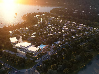 Aerial Planning of Waterfront Residential Area with Sunset View Lush Greenery and Buildings 3d model