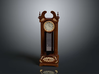 Elegant Electronic Grandfather Clock With Wooden Frame Decorative Details And Round Dial 3d model