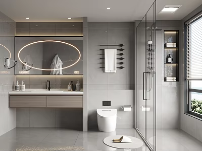 Modern Bathroom Interior With Round Illuminated Mirror Glass Shower And Gray Tiled Walls 3d model