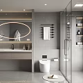 Modern Bathroom Interior With Round Illuminated Mirror Glass Shower And Gray Tiled Walls