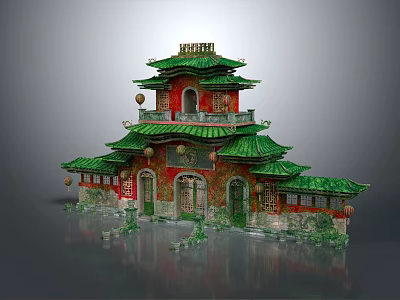 Cartoon Scene Featuring Chinese Traditional Multi Story Building With Green Roofs Red Walls And Decorations 3d model