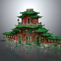 Cartoon Scene Featuring Chinese Traditional Multi Story Building With Green Roofs Red Walls And Decorations