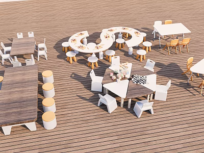 Children's Table In Various Styles With Round Square White Wooden Stools On Wooden Floor 3d model