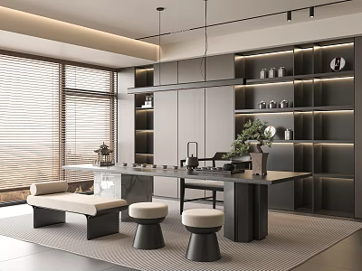 Modern Tea Room Interior With Long Table Stools Bookshelves Plants And Lighting 3d model