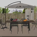 Outdoor Table With White Umbrella Bamboo Fence Metal Chairs Japanese Calligraphy Scrolls And Plants