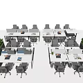 Multiple Office Desks in Open Office Layout with Green Plants Computers and Office Chairs