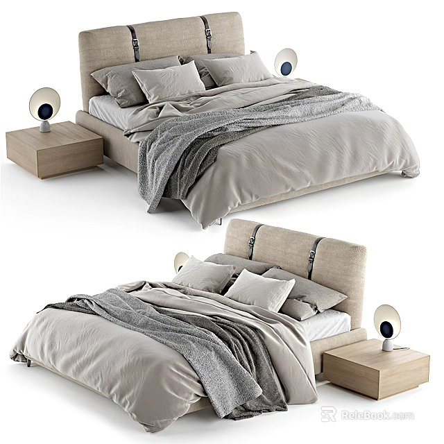 Modern Double Bed With Beige Headboard Gray Blanket Pillows And Wooden Nightstand With Round Lamp 3d model 