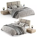 Modern Double Bed With Beige Headboard Gray Blanket Pillows And Wooden Nightstand With Round Lamp