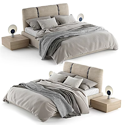 Modern Double Bed With Beige Headboard Gray Blanket Pillows And Wooden Nightstand With Round Lamp 3d model