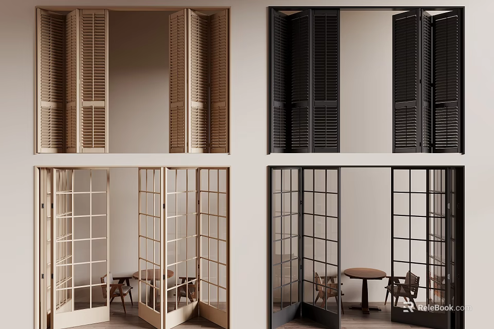 Stylish Modern Interior Folding Doors With Wooden Louvers And Black Grilles Design 3d model 