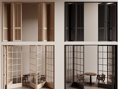 Stylish Modern Interior Folding Doors With Wooden Louvers And Black Grilles Design 3d model