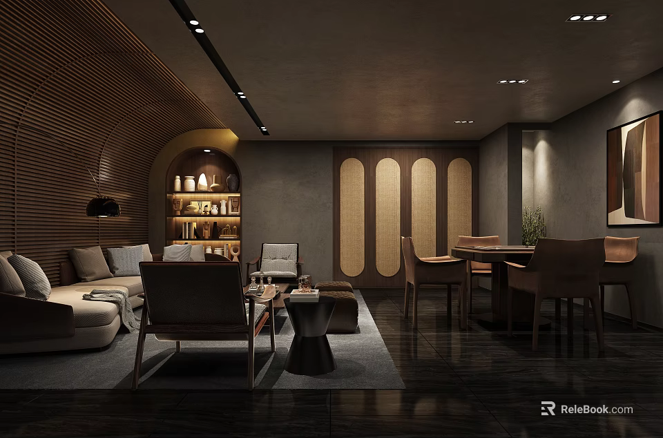 Modern Hotel Mahjong Room Interior Design With Sofa Coffee Table Wooden Decor And Lighting 3d model 