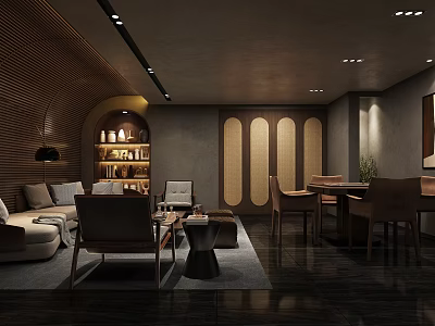 Modern Hotel Mahjong Room Interior Design With Sofa Coffee Table Wooden Decor And Lighting 3d model