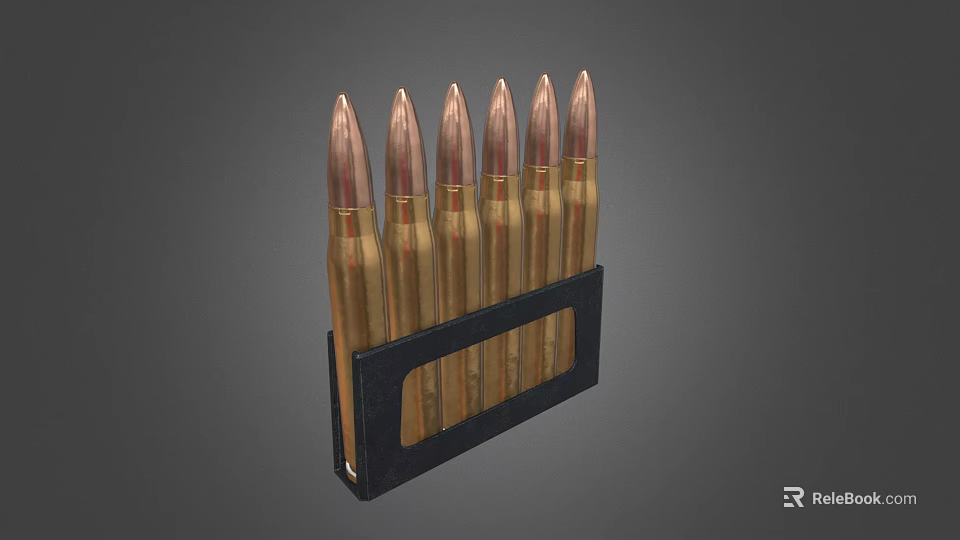 Brass Bullets Arranged In Black Magazine For Ammunition Storage 3d model 
