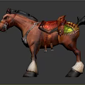 Brown decorative horse model with black mane red saddle green details and white hooves