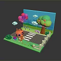 Cute Tiger Figure With Colorful Balloons Apple Tree Road Fence And Clouds