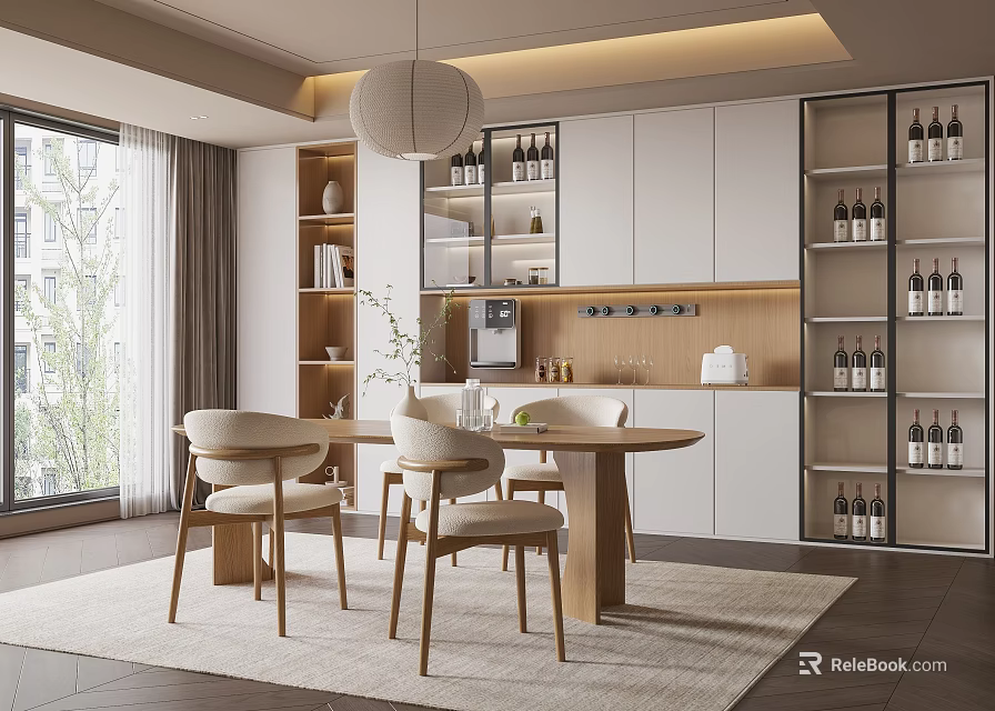 Elegant Modern Restaurant Interior With Round Wooden Table Chairs Pendant Light And Wine Shelves 3d model 