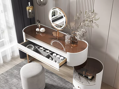 Modern Elegant Dressing Table Interior With Round Mirror Open Drawer Cosmetics Flower Vase And Stool 3d model