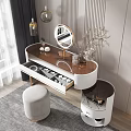 Modern Elegant Dressing Table Interior With Round Mirror Open Drawer Cosmetics Flower Vase And Stool