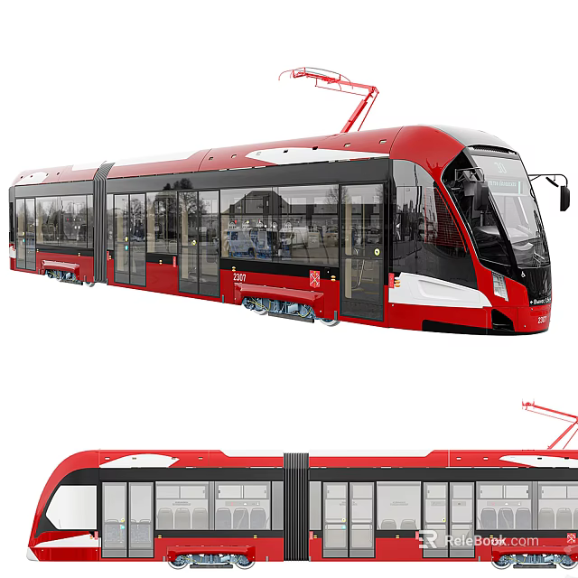 Red Modern Urban Tram Exterior With Streamlined Design Large Windows And Pantograph 3d model 