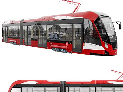 Red Modern Urban Tram Exterior With Streamlined Design Large Windows And Pantograph 3d model