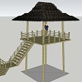 Wooden Outdoor Pavilion Structure Model With Staircase Railing Platform And Human Figure