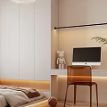 Tatami Bedroom Interior Design With Warm Lighting Comfortable Bed Pillows Curtains And Wooden Desk Chair