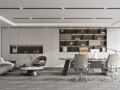 Modern Office Interior Design With Desk Chair Bookshelf Sofa And Coffee Table 3d model