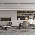 Modern Office Interior Design With Desk Chair Bookshelf Sofa And Coffee Table
