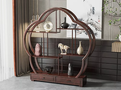 Chinese Style Solid Wood Plum Blossom Shaped Display Shelf with Decorative Vases Figurines and Ornaments 3d model