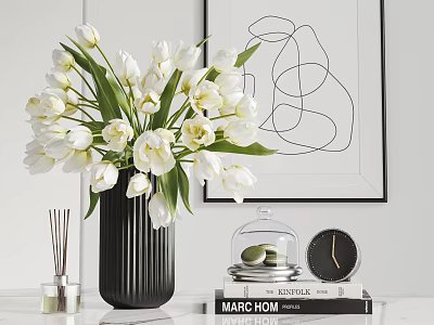 Decorative Ornament Set With White Tulips Black Striped Vase Glass Cloche Clock And Abstract Line Painting 3d model