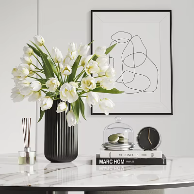 Decorative Ornament Set With White Tulips Black Striped Vase Glass Cloche Clock And Abstract Line Painting 3d model