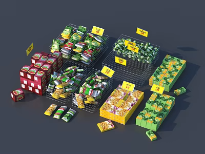 Colorful Decorative Ornament Sets In Metal Grid Baskets With Yellow Price Tags 3d model