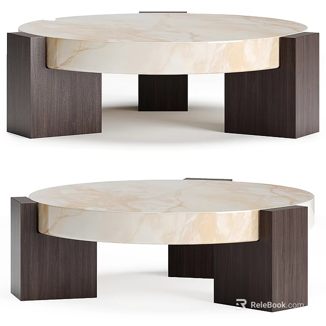 Modern Round Coffee Table with Beige Marble Top and Dark Wooden Legs 3d model 