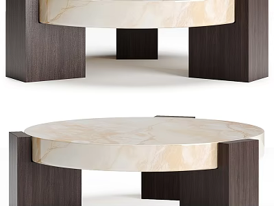 Modern Round Coffee Table with Beige Marble Top and Dark Wooden Legs 3d model