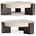 Modern Round Coffee Table with Beige Marble Top and Dark Wooden Legs