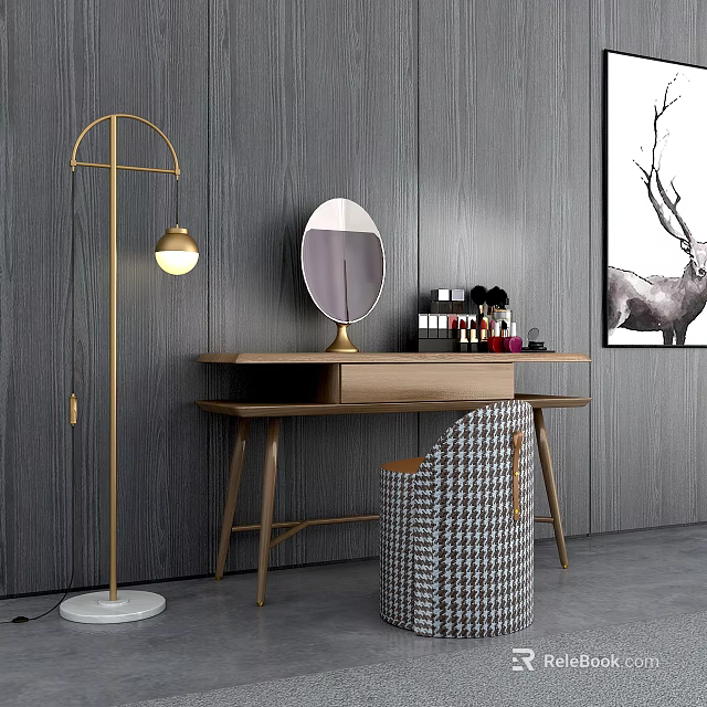 Modern Dressing Table with Round Mirror Cosmetics Floor Lamp and Chair in Dark Wall Room 3d model 