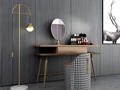Modern Dressing Table with Round Mirror Cosmetics Floor Lamp and Chair in Dark Wall Room 3d model